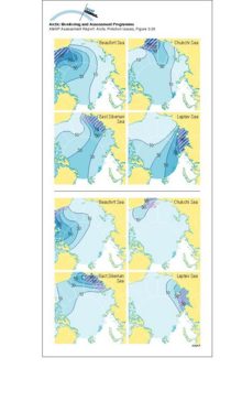 Above: contours of the asymptotic probability of ice formed in the hatched region moving into different parts of the Arctic Basin Below: contours of the asymptotic probability of ice moving from different areas into the hatched region and melting