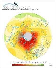 An example of a type 2 ozone anomaly, showing levels of ozone depletion relative to the long-term mean