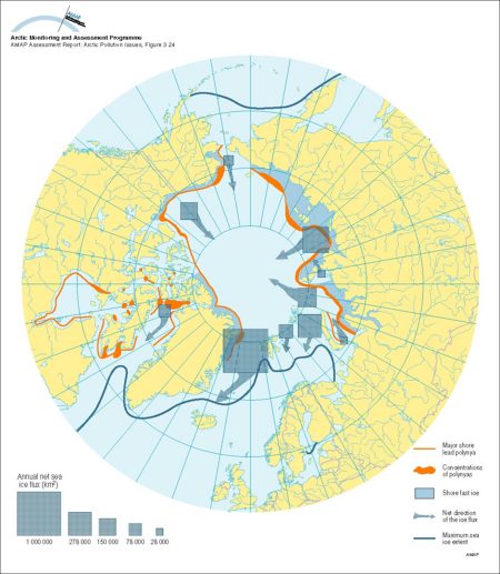 Approximate net sea ice exchange (see legend for key to arrow sizes), extent of shorefast ice and winter sea ice, and coastal polynyas and main polynya concentrations (map/graphic/illustration)