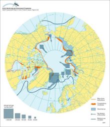 Approximate net sea ice exchange (see legend for key to arrow sizes), extent of shorefast ice and winter sea ice, and coastal polynyas and main polynya concentrations