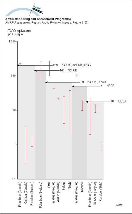 Body concentrations of PCDD/F and non-ortho and mono-ortho PCBs as TCDD equivalents (pg/g lw) in Arctic mammals compared to thresholds for immunosuppression in harbor seal for the same combinations of substances analyzed (map/graphic/illustration)