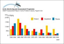 Changes with time in 137Cs activity concentrations (5-year means) in lichens in Arctic Finland, Greenland, and Russia