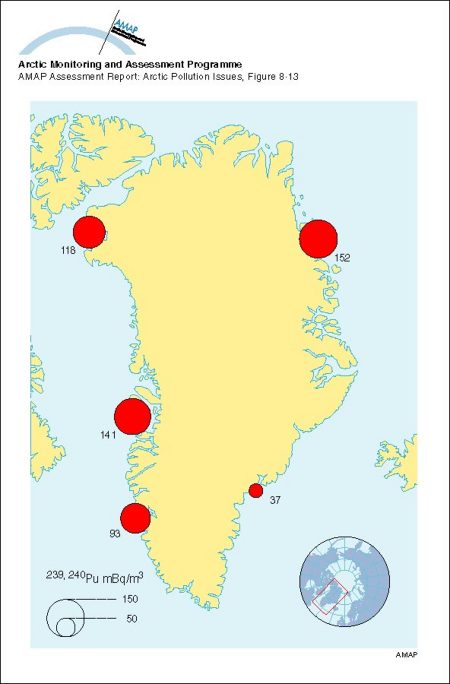 Concentrations of 239,240Pu in seawater around Greenland, 1968 (map/graphic/illustration)