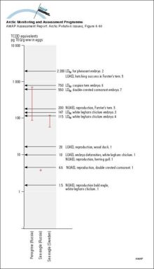 Concentrations of PCDD/F and non-ortho and mono-ortho PCBs as TCDD equivalents (pg/g ww) in Arctic bird eggs compared to thresholds for avian effects (1 Giesy et al 1994b, 2 Nosek et al 1992, 3 Verrett 1976,