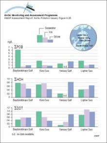 Concentrations of sum-PCB, sum-HCH, and sum-DDT in seawater, ice, and overlying snow collected at approximately the same locations in the Russian Arctic in 1993-95