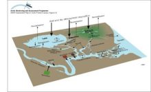 Conceptual model of the terrestrial/freshwater compartment showing the main subcompartments and contaminant transfers, and exchanges with the atmosphere and oceans