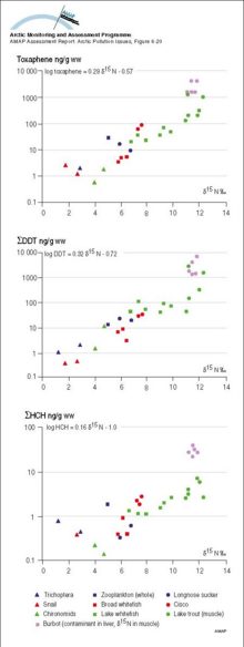 delta-15 Nitrogen isotope ratios versus Toxaphene, DDT, and HCH for fish and invertebrates from Lake Laberge, Yukon Territory