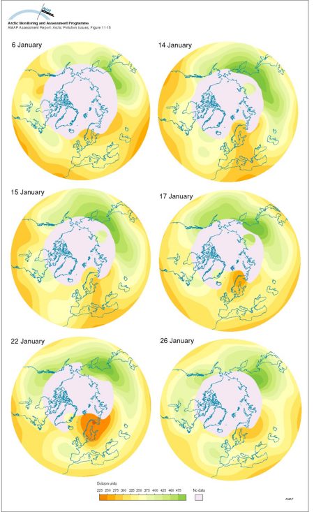 Development of a type 1 ozone anomaly The series of satellite images show total column ozone for a period of days spanning 6-26 January 1996 (map/graphic/illustration)