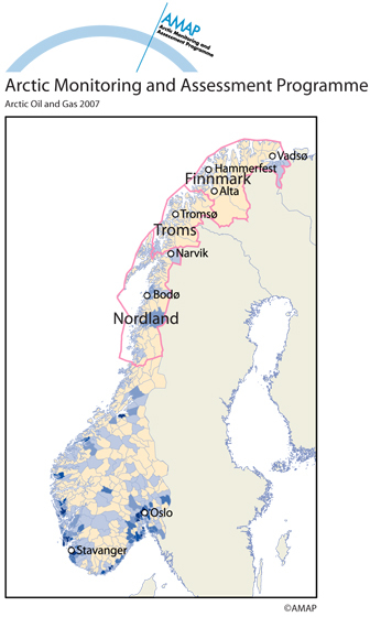 Distribution of business activity around Norway from oil and gas (map/graphic/illustration)