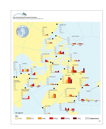 Distribution of Cd levels in liver tissue of ringed seal (Phoca hispida) of different ages Plots show selected data (geometric mean values) from Annex Table 7A15 (map/graphic/illustration)