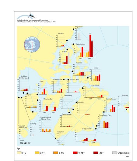 Distribution of Hg levels in liver tissue of ringed seal (Phoca hispida) of different ages Plots show selected data (geometric mean values) from Annex Table 7A15 (map/graphic/illustration)