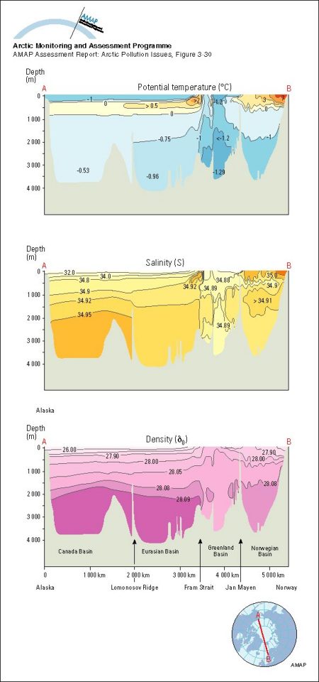 Distribution of potential temperature, salinity, and density across the Arctic Ocean and the Greenland and Norwegian Seas (map/graphic/illustration)