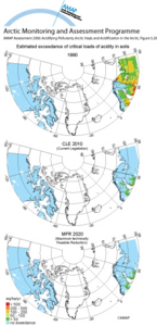 Estimated exceedance of critical loads of acidity for soils for three emission/deposition scenarios