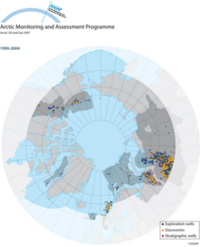 Expansion of exploration drilling activity in arctic oil and gas provinces. Locations of drilling 1990 to 2004