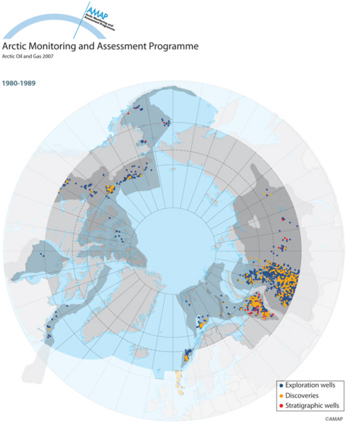 Expansion of exploration drilling activity in arctic oil and gas provinces. Locations of drilling 1980 to 1989 (map/graphic/illustration)