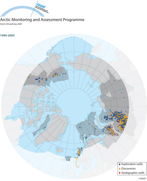 Expansion of exploration drilling activity in arctic oil and gas provinces. Locations of drilling 1990 to 2004 (map/graphic/illustration)