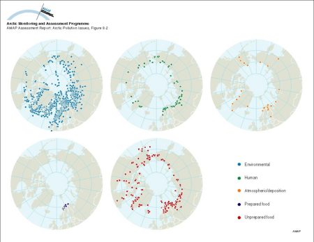 Geographical distribution of sample information in the AMAP radioactivity database (map/graphic/illustration)