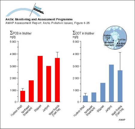 Geographical trends of PCB and DDT in harp seals from Arctic waters Vertical bars represent arithmetic means ± SD of combined results for males and females The SD has been estimated from the range in some cases (map/graphic/illustration)