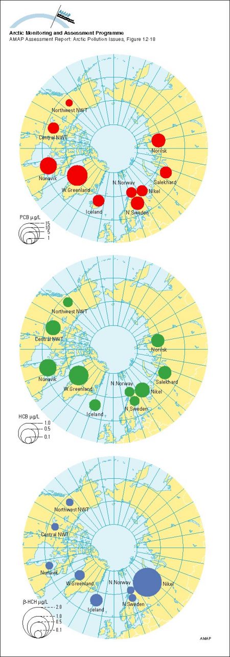 Geometric mean concentrations of PCB, HCB and B-HCH in maternal blood plasma; AMAP circumpolar study 1995, see Table 12A12 (map/graphic/illustration)