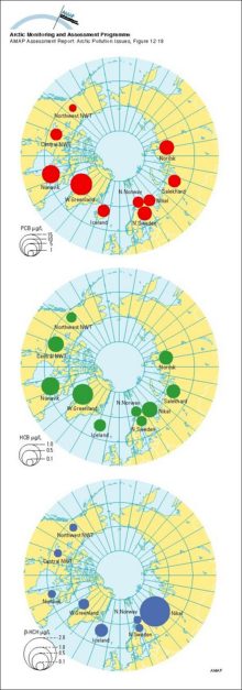 Geometric mean concentrations of PCB, HCB and B-HCH in maternal blood plasma; AMAP circumpolar study 1995, see Table 12A12