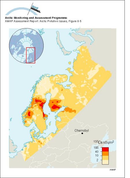 Ground deposition of 137Cs from the Chernoybl accident (values normalised to May 10, 1986) (map/graphic/illustration)
