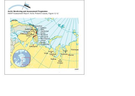 Human health study locations in Arctic Norway, Russia and Finland; red dots indicate the main communities studied under the AMAP monitoring programme (map/graphic/illustration)