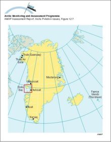 Human health study locations in Greenland and the Faeroe Islands; Disko Bay was the main area studied under the AMAP monitoring programme (1994-96)