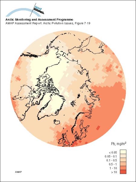 Lead deposition as modeled by the updated (1996) hemispheric EMEP transport model in a simulation for the reference year 1988 (map/graphic/illustration)