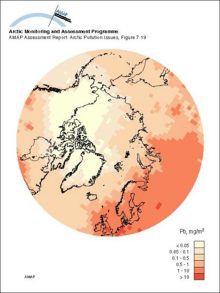 Lead deposition as modeled by the updated (1996) hemispheric EMEP transport model in a simulation for the reference year 1988