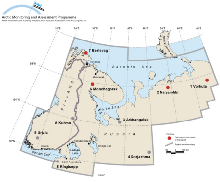 Location of the catchments included in the Barents Project (map/graphic/illustration)