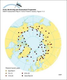 Locations of upper-air meteorological monitoring stations in the Arctic Meteorological station density for surface observations is greater for inland areas of the Arctic, while observations of any kind are sparse over the Arctic Ocean