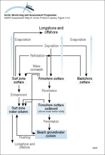 Mass transport pathways considered in the Coastal Zone Oil Spill Model (COZOIL), developed to simulate dynamic transport and weathering of oil on US Arctic coasts (map/graphic/illustration)