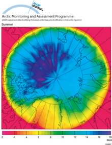 Mean arctic age of air in the lowest 100 m of the atmosphere (summer)