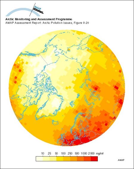 Model calculations of total (wet and dry) deposition estimates of sulfur for 1988 (map/graphic/illustration)