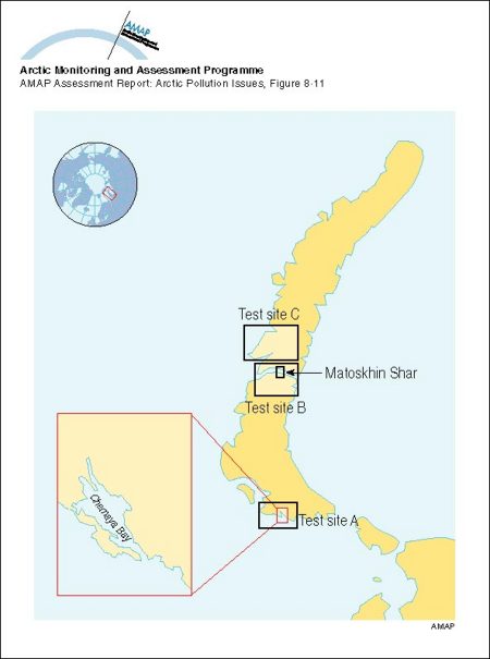 Nuclear weapons test sites on Novaya Zemlya (map/graphic/illustration)