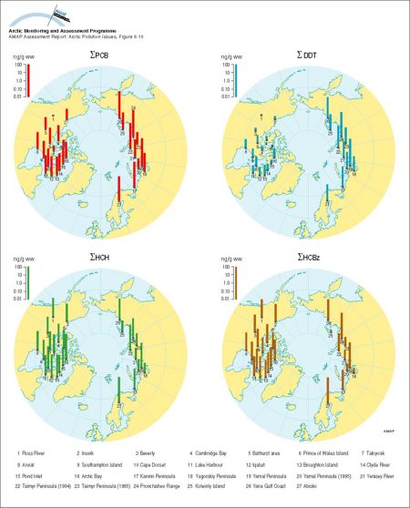 Observed and predicted organochlorine concentrations (ng/g ww) in caribou and reindeer (Rangifer tarandus) liver All data are presented in, or were derived from data in Annex Table 6A4 (map/graphic/illustration)