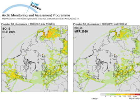 Projected SOx-S emissions in 2020 for the CLE and MFR emissions scenarios (map/graphic/illustration)