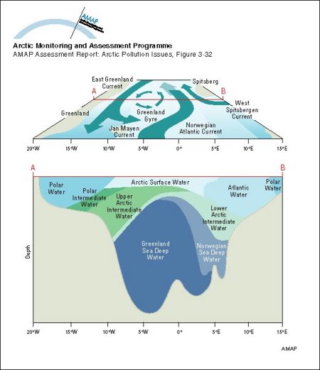 Schematic diagrams of the Greenland Sea showing the surface circulation (above) and water mass structure at a section across the central gyre (below) (map/graphic/illustration)