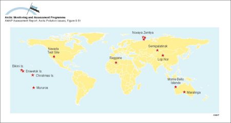 Sites where atmospheric testing of nuclear weapons has taken place since 1945 (map/graphic/illustration)