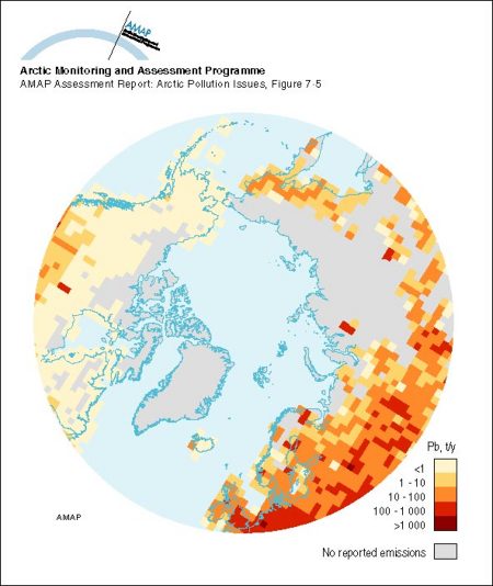 Spatial distribution of emissions of Pb within the 150 km x 150 km EMEP grid system for the area north of latitude 50° N in 1989 (map/graphic/illustration)