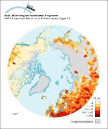 Spatial distribution of emissions of Pb within the 150 km x 150 km EMEP grid system for the area north of latitude 50° N in 1989