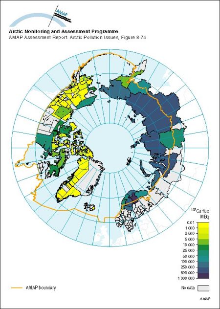 Spatial trends in the net flux from reindeer meat in different Arctic areas, for the first year after an assumed uniform deposition of 100 kBq/m2 (map/graphic/illustration)