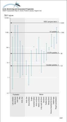 Sum-DDT (ng/g ww) in Arctic animals as food items compared to no-effect-concentrations (NOAEC) and environmental quality guidelines for protecting fish-eating/aquatic wildlife (1 Baril et al 1990, 2 USEPA 1995,