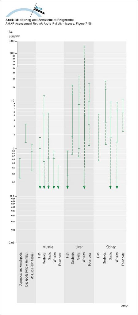 Summary of ranges of Se levels (mean values) in Arctic marine organisms Solid parts of the lines indicate ranges for Greenlandic data (map/graphic/illustration)