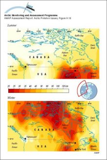 Summer and winter visibility observations (for relative humidities less than 80%) for the period 1951 to 1993 in North America