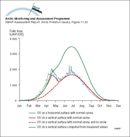 Theoretical clear day UV dose to horizontal and vertical surfaces, for Arctic Finland (map/graphic/illustration)