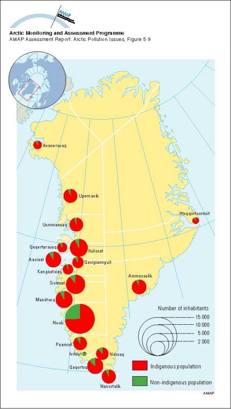 Total and indigenous populations of Greenland, by municipality, 1994 (map/graphic/illustration)