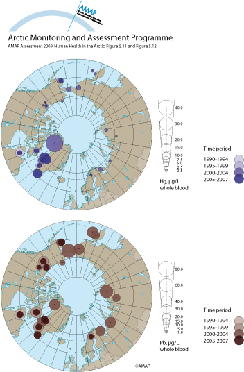 Total mercury concentrations in blood of mothers, pregnant women and women of child-bearing age in the circumpolar countries (map/graphic/illustration)