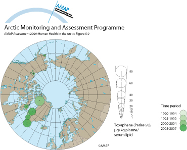 Toxaphene concentrations in blood of mothers, pregnant women and women of child-bearing age in the circumpolar countries (map/graphic/illustration)