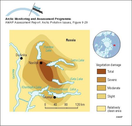 Vegetation damage zones around Norilsk (map/graphic/illustration)